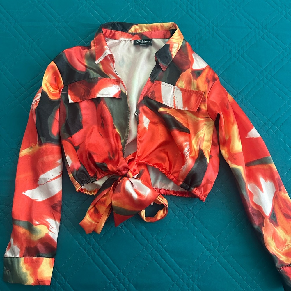 Red Multicolored Long Sleeve Cropped blouse
